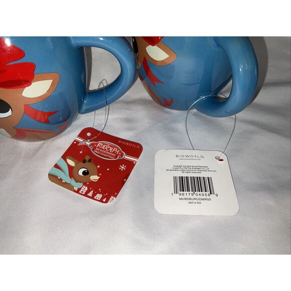 NWT BIOWORLD RUDOLPH RED NOSED REINDEER CHRISTMAS BLUE 16 Oz MUG CUP SET/2 - Picture 7 of 7